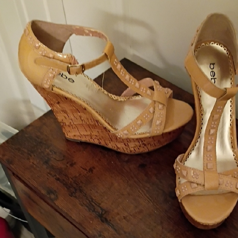 Bebe Tan Suede Wedge Sandals with Cork Heel